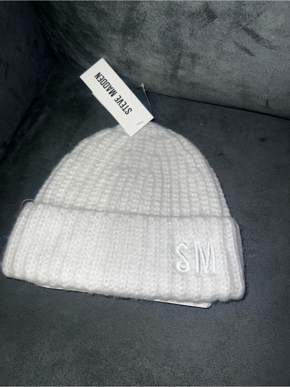 Steve Madden White Knit Beanie with SM Monogram NWT